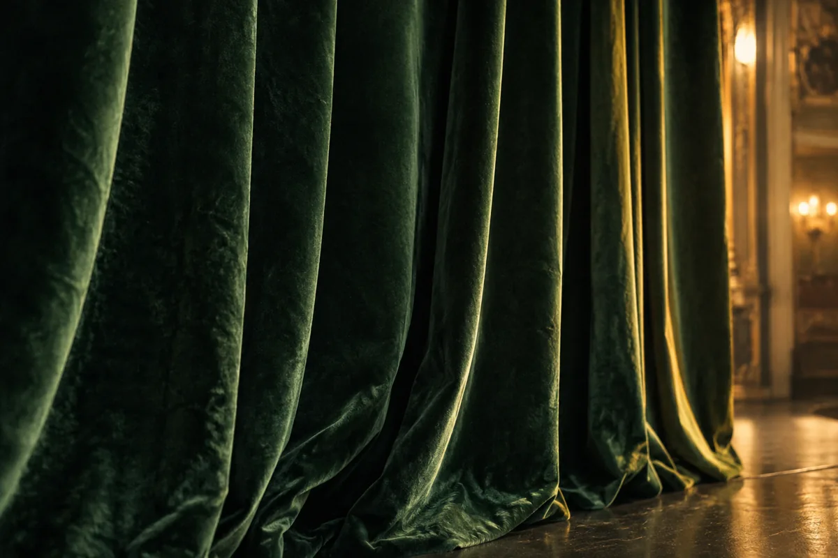 Heavy green curtain folds edged by a warm shaft of light