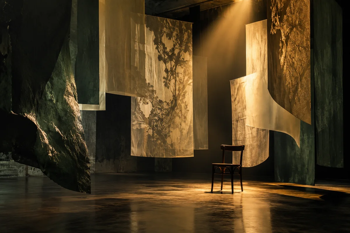 Suspended paper forms and a chair in an imagined theatre installation