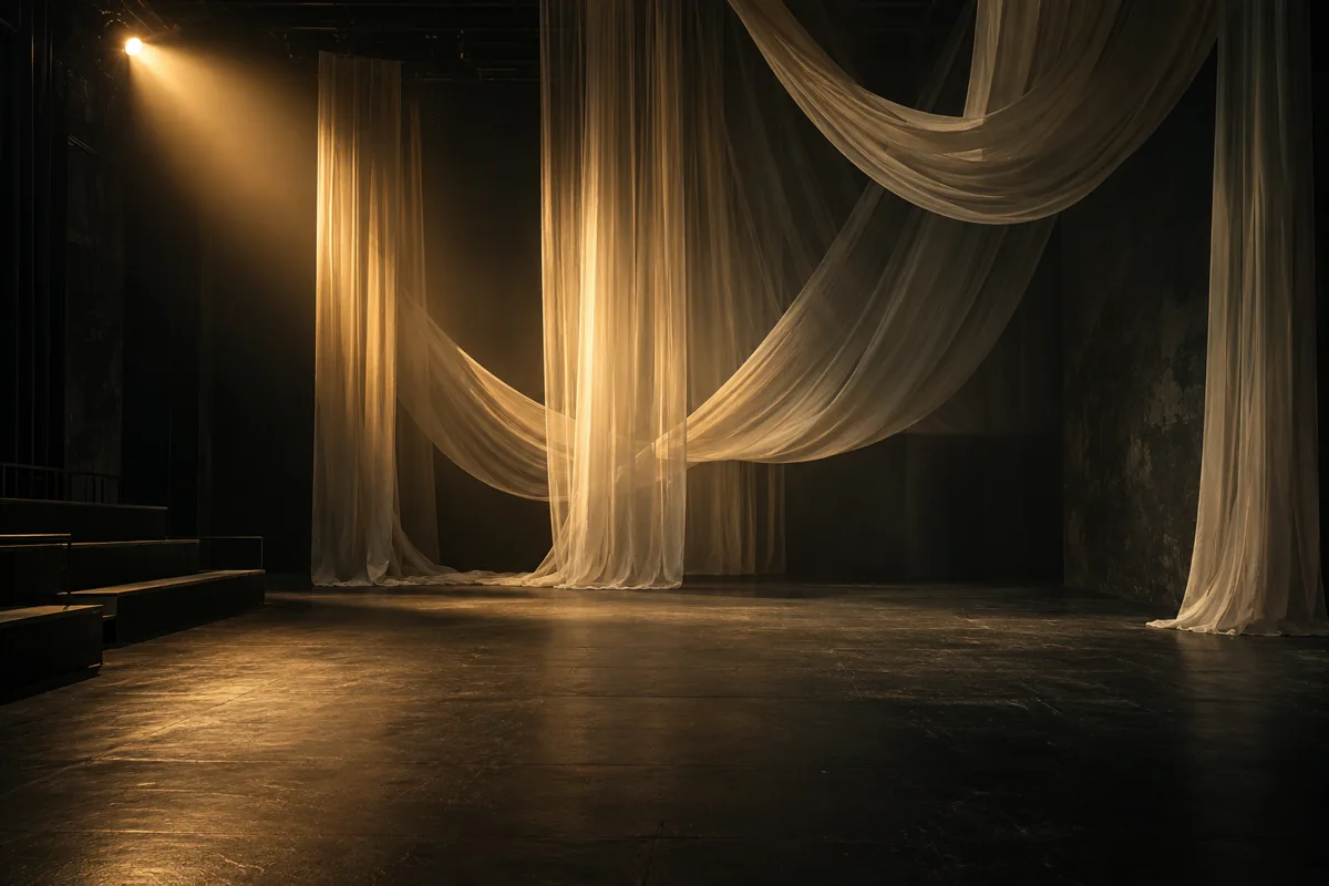 Ivory gauze suspended across an empty stage under warm amber lighting