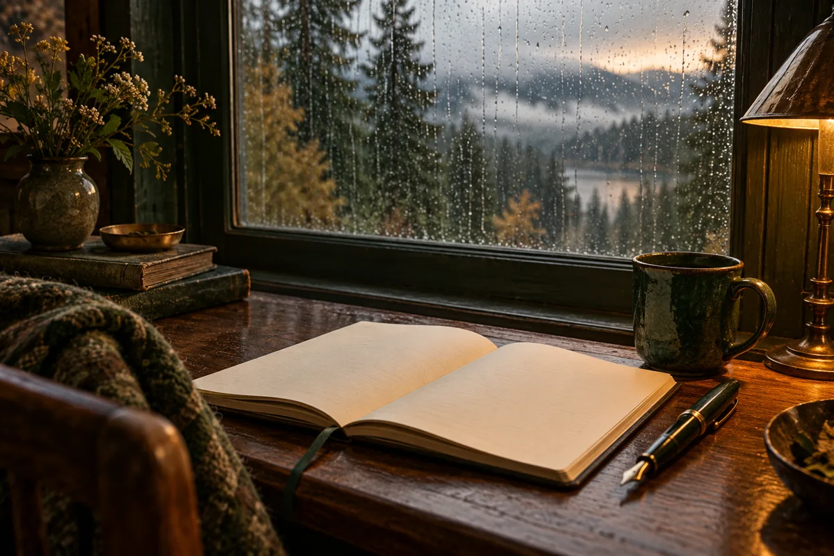 A blank notebook and pen beside a window overlooking a misty landscape