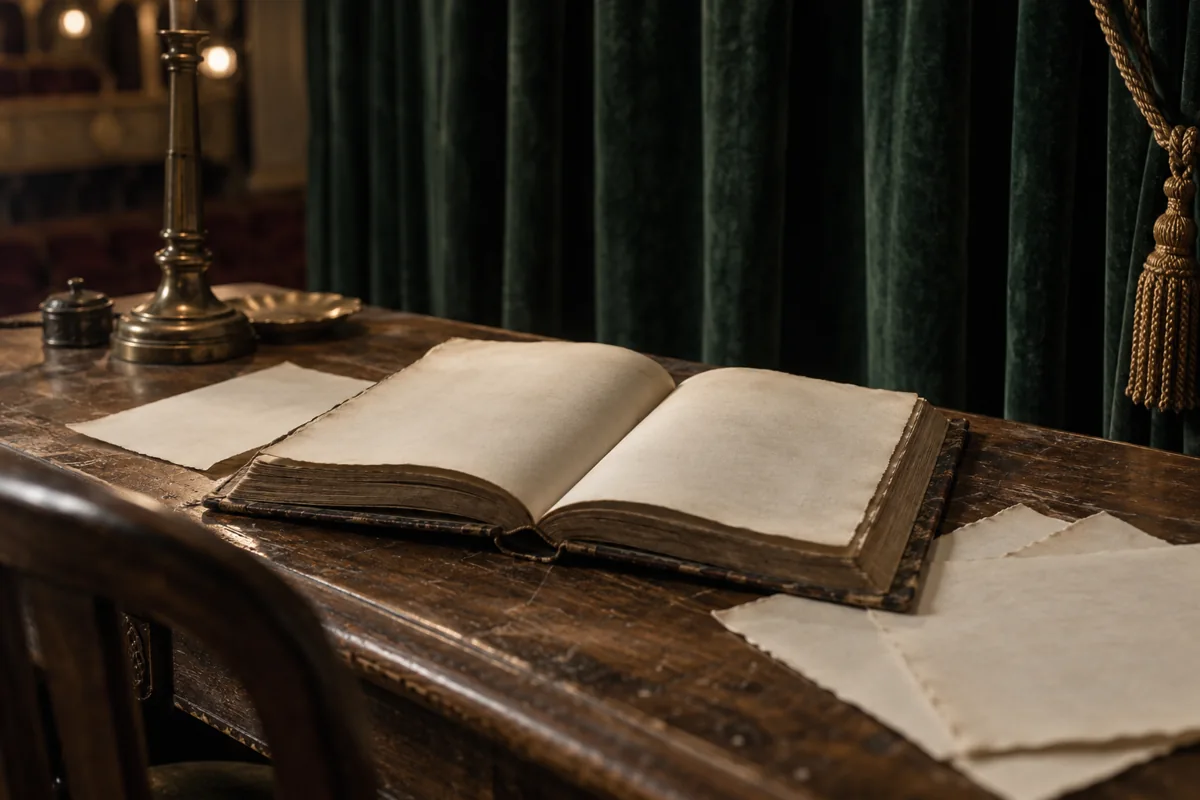 An open blank book and loose pages on a wooden desk beside a green curtain